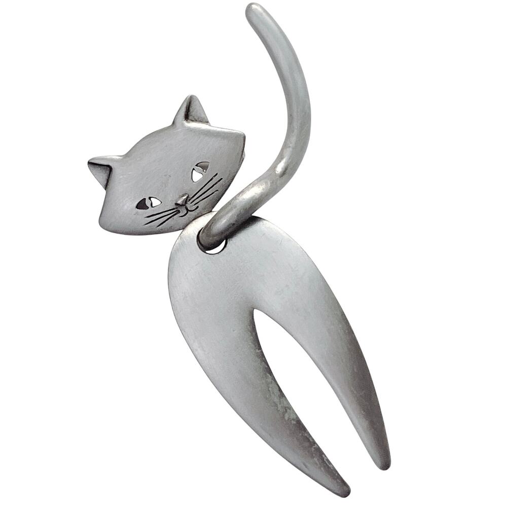 Vintage Signed JJ Large Articulated Cat Brooch Silver Tone Modernist Figural